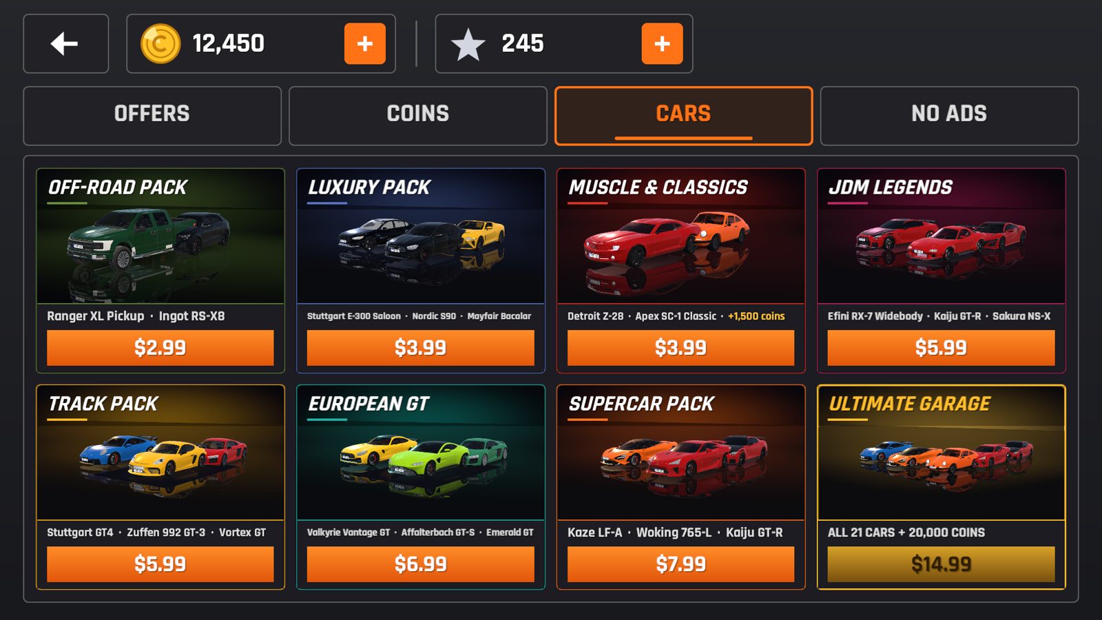 Optional car packs in the shop