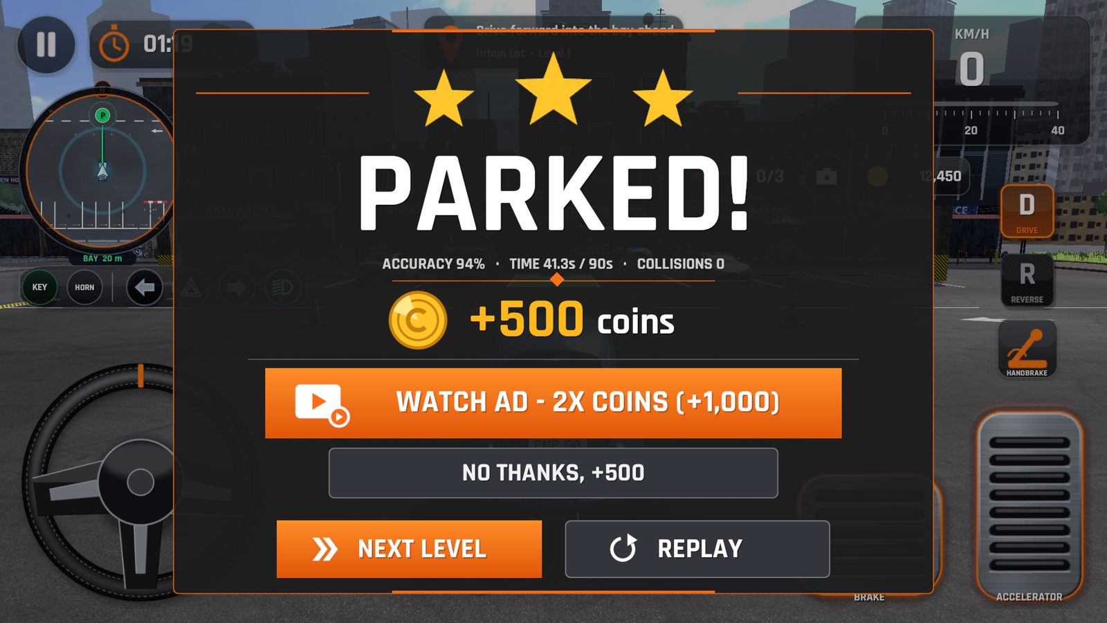 Parked! level complete screen with stars and coins