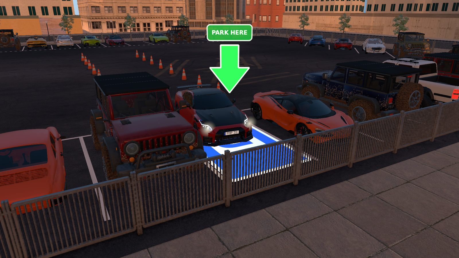Parking lot level at dusk with target bay