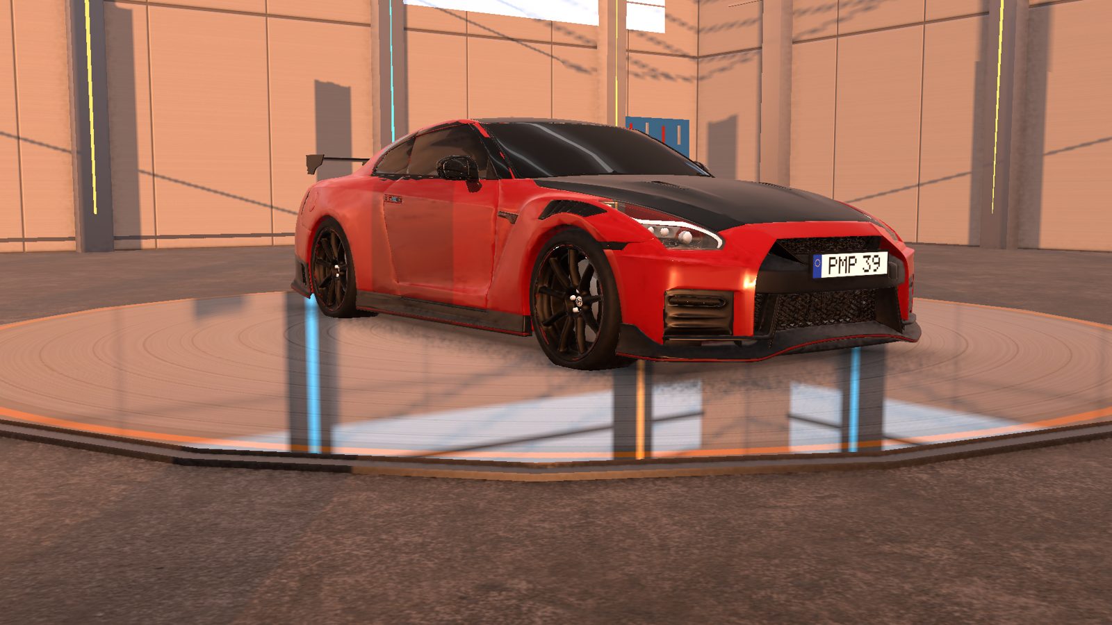 Red sports car in showroom